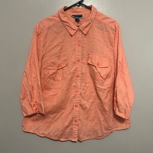 Karen Scott Button Down Blouse 3X Coral Orange 3/4 Sleeve Cotton Coastal Top